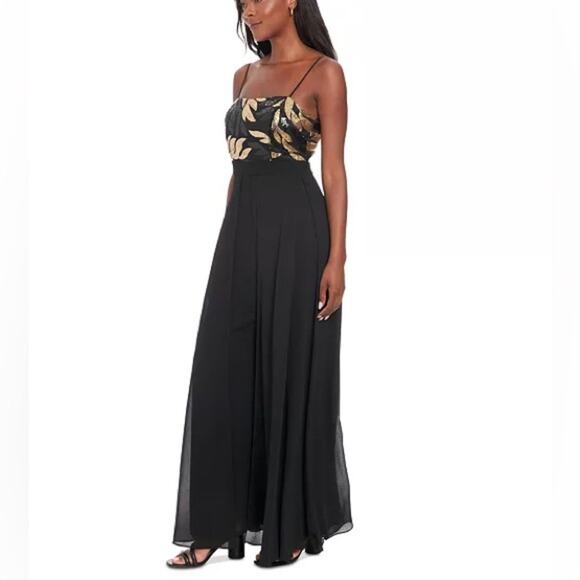 London Times Petite Sequin-Bodice Wide-Leg Jumpsuit Black Gold Women’s Sz 4P - Picture 4 of 9